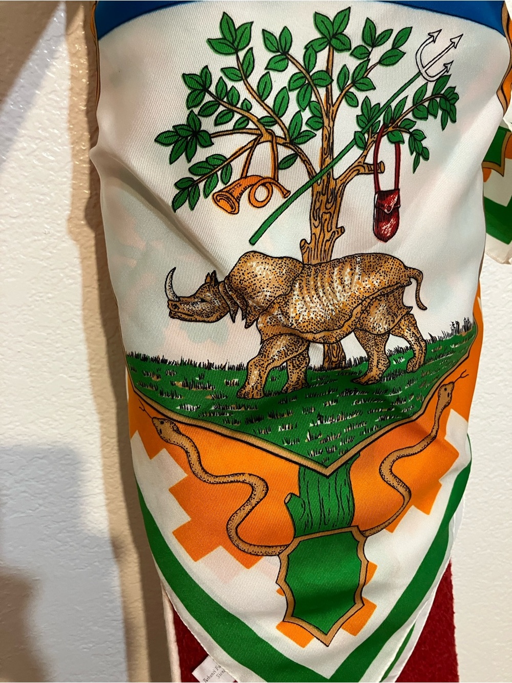 Vintage Green, Orange, White Rhino & Tree Print Scarf